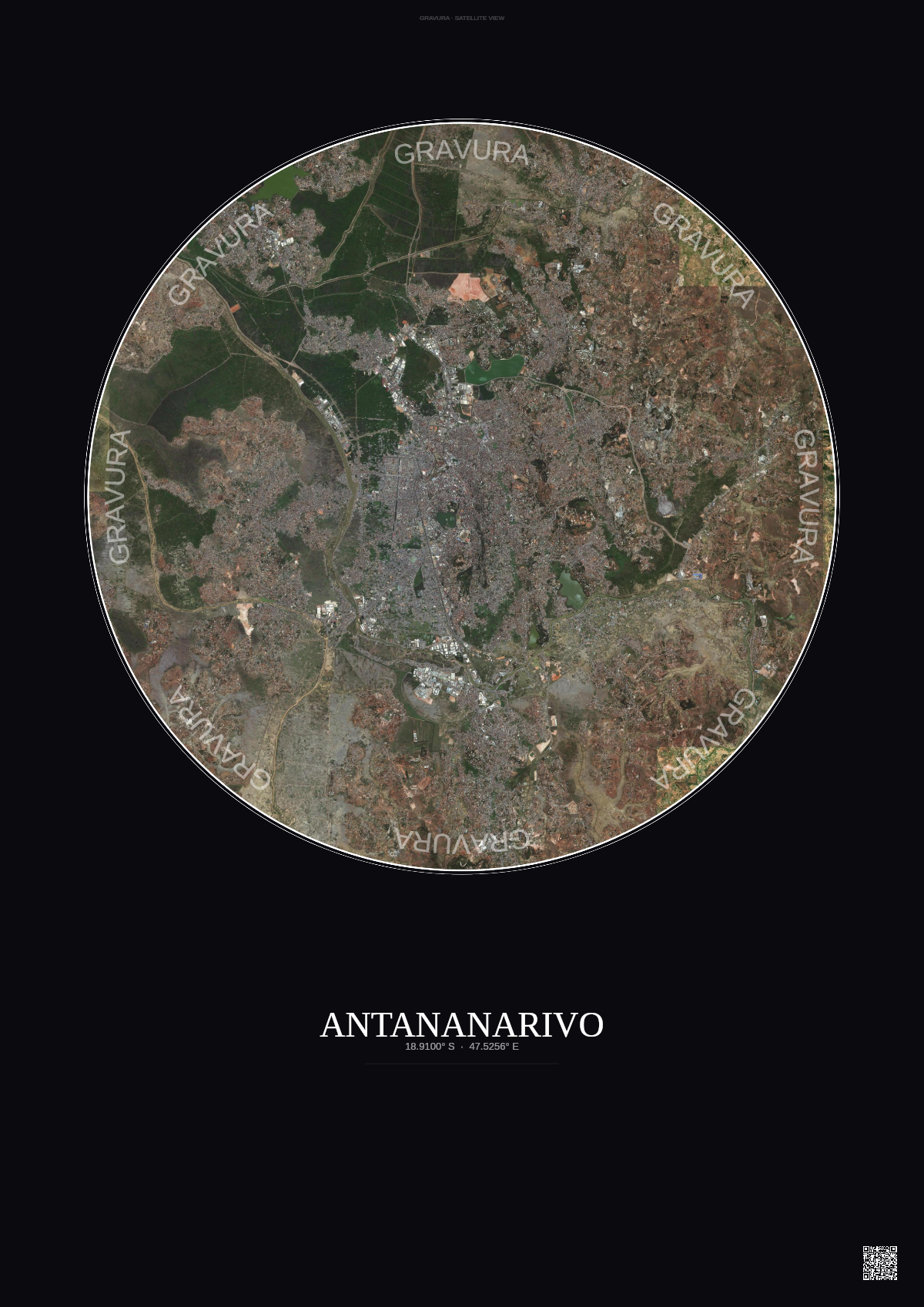 Affiche Antananarivo – Poster vue satellite | Gravura – Fond foncé
