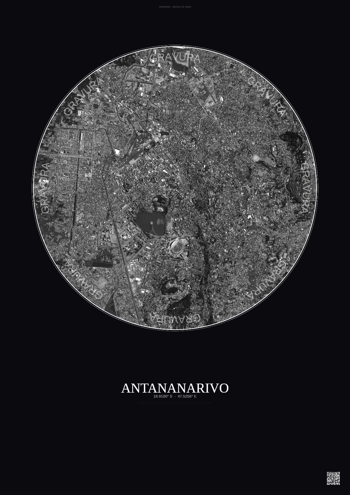 Affiche Antananarivo – Poster vue satellite | Gravura – Fond foncé