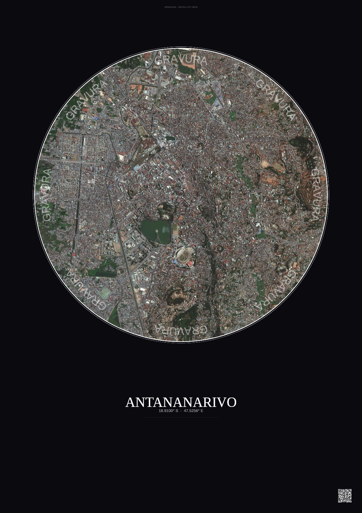 Affiche Antananarivo – Poster vue satellite | Gravura – Fond foncé