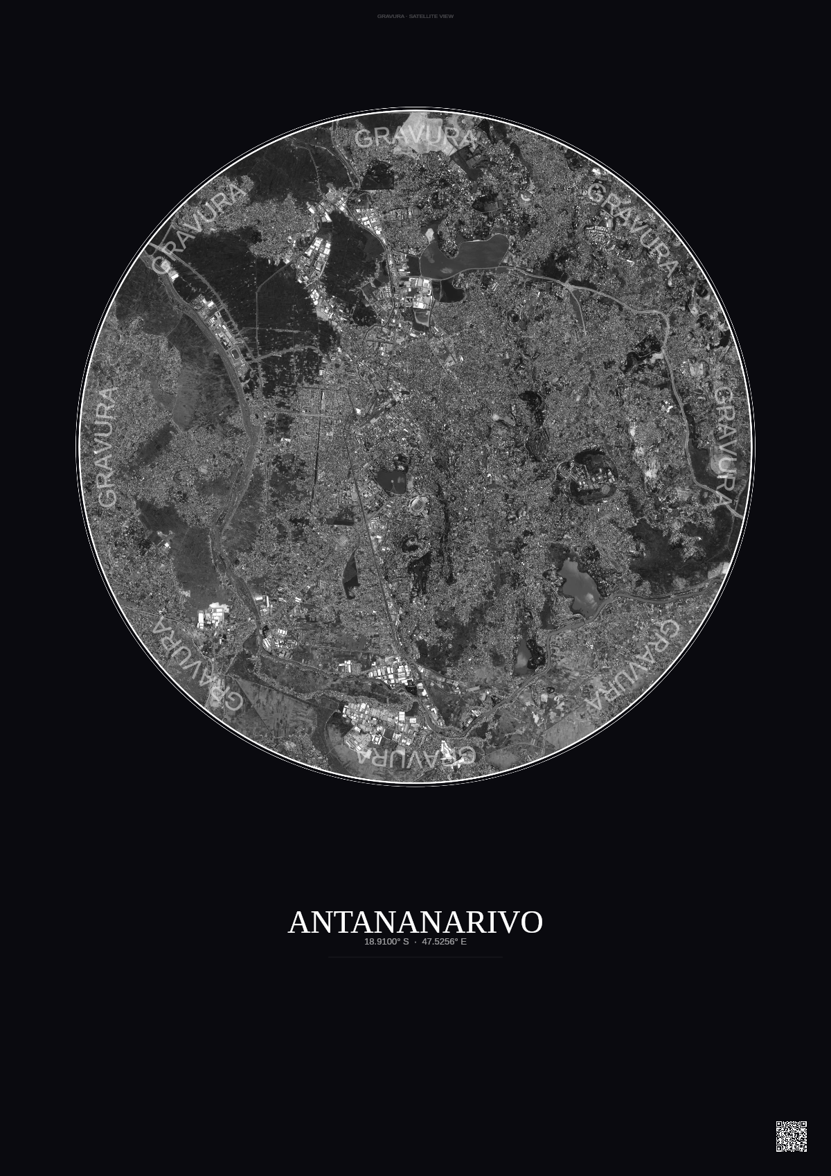 Affiche Antananarivo – Poster vue satellite | Gravura – Fond foncé
