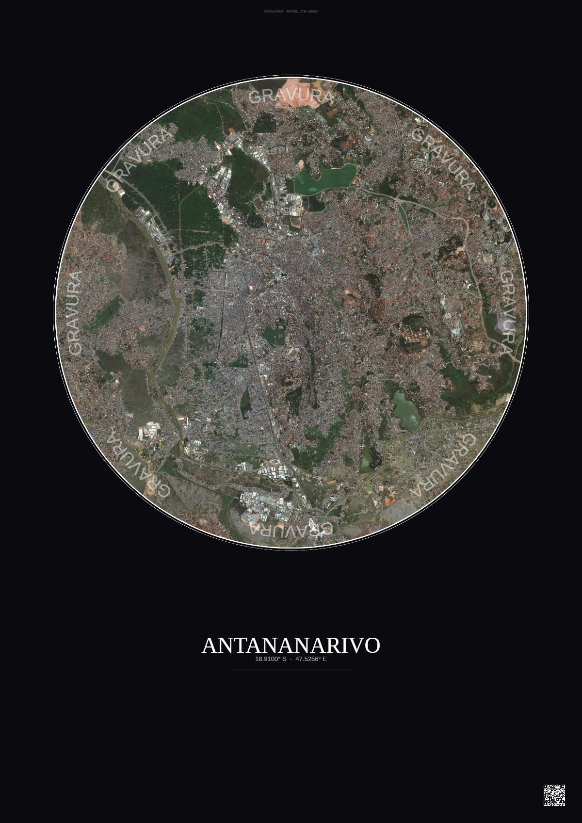 Affiche Antananarivo – Poster vue satellite | Gravura – Fond foncé