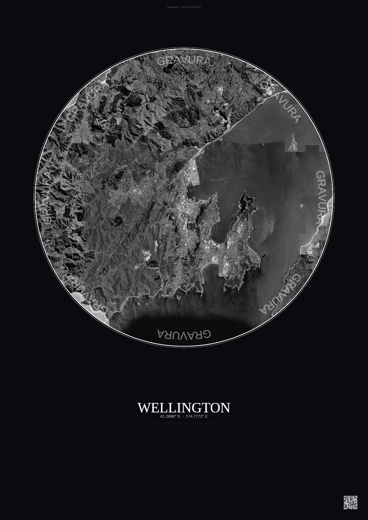 Affiche Wellington – Poster vue satellite | Gravura – Fond foncé