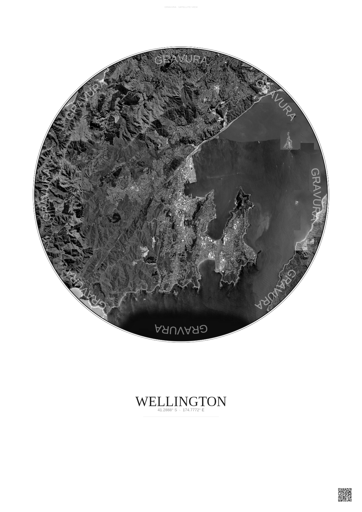 Affiche Wellington – Poster vue satellite | Gravura – Fond clair