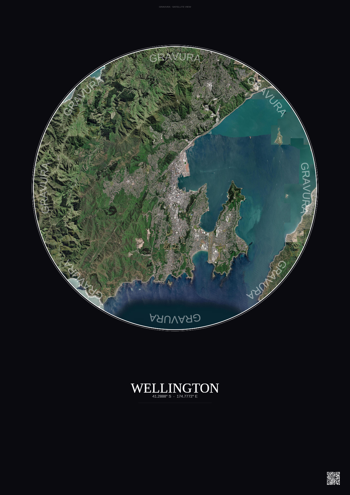 Affiche Wellington – Poster vue satellite | Gravura – Fond foncé