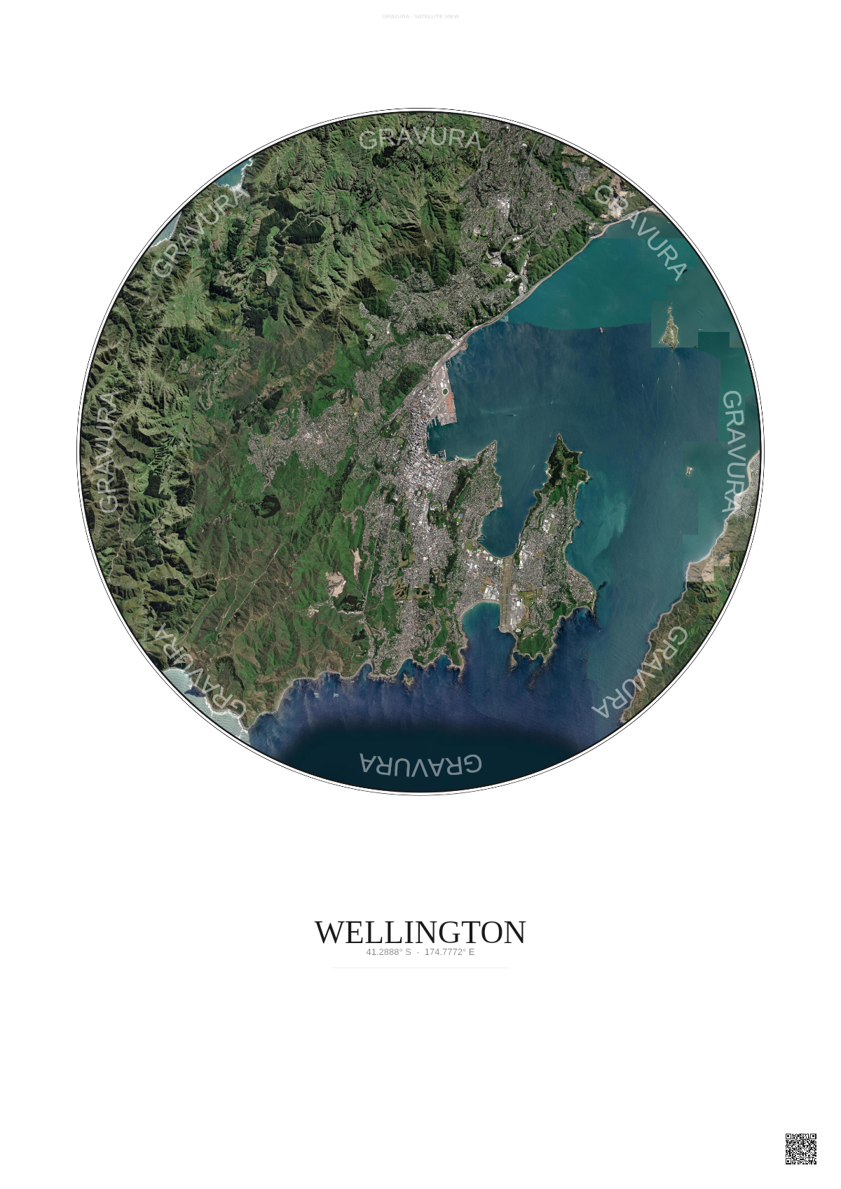 Affiche Wellington – Poster vue satellite | Gravura – Fond clair