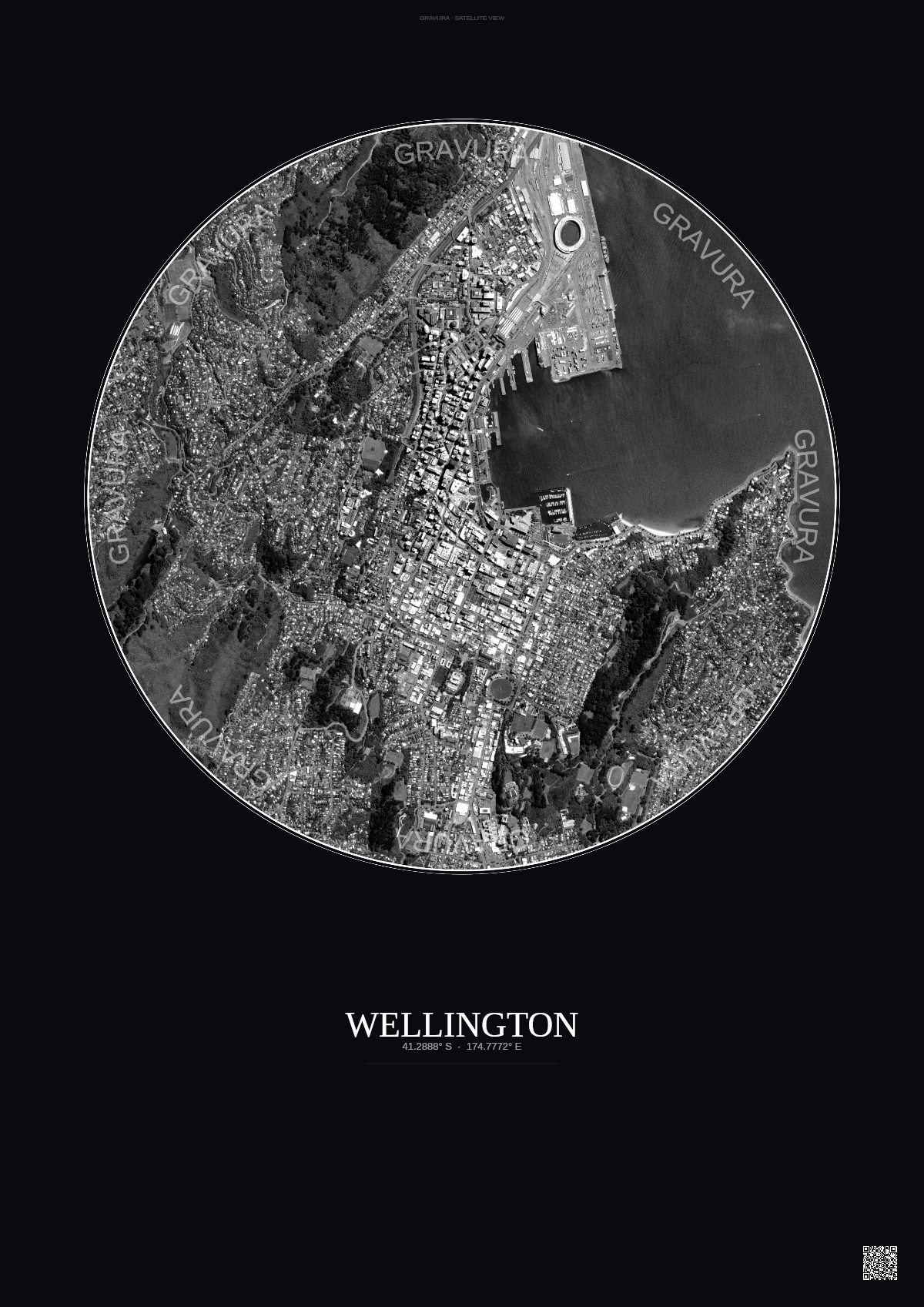 Affiche Wellington – Poster vue satellite | Gravura – Fond foncé