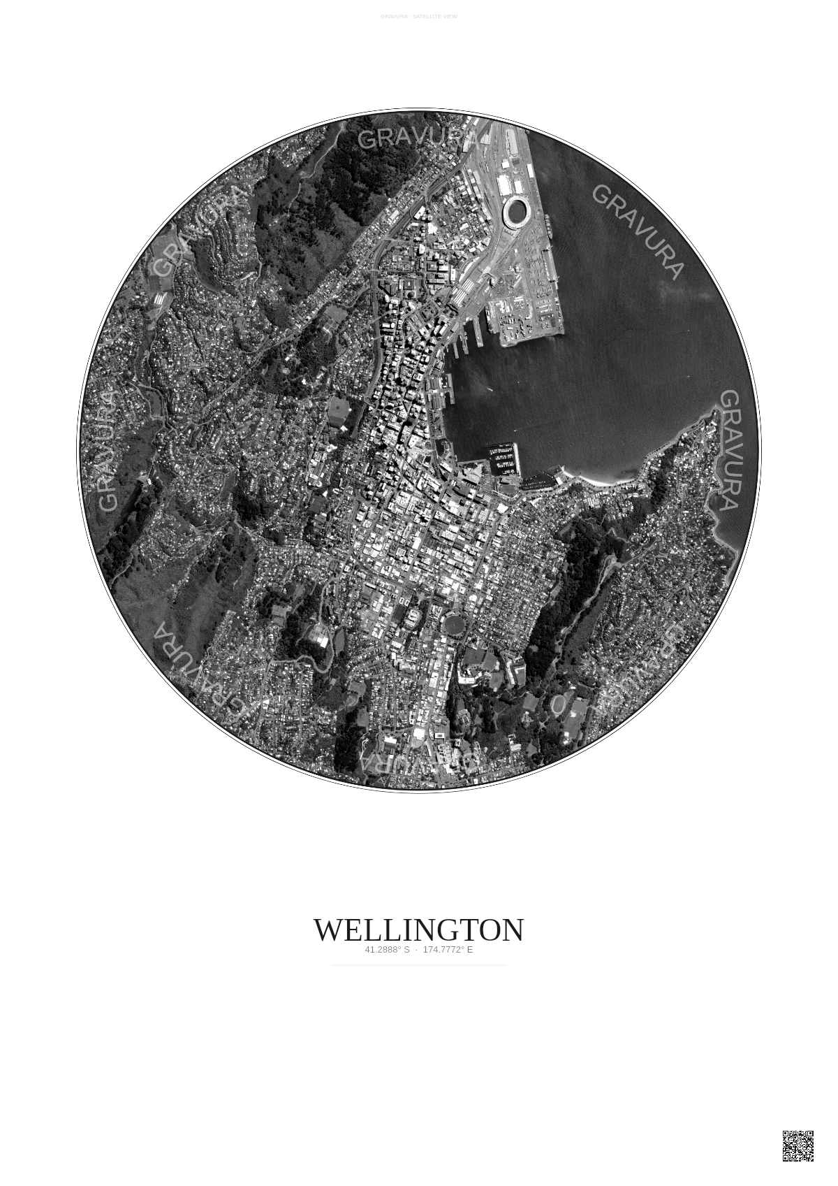 Affiche Wellington – Poster vue satellite | Gravura – Fond clair