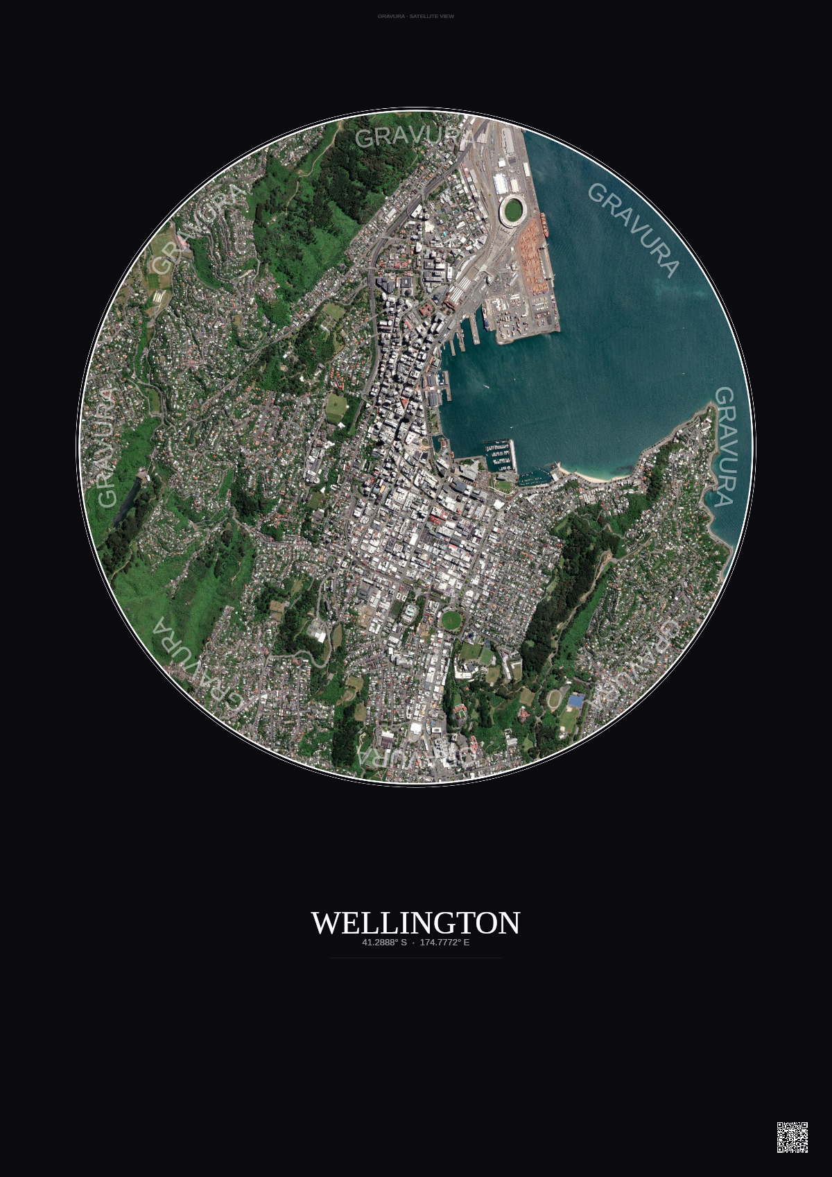Affiche Wellington – Poster vue satellite | Gravura – Fond foncé