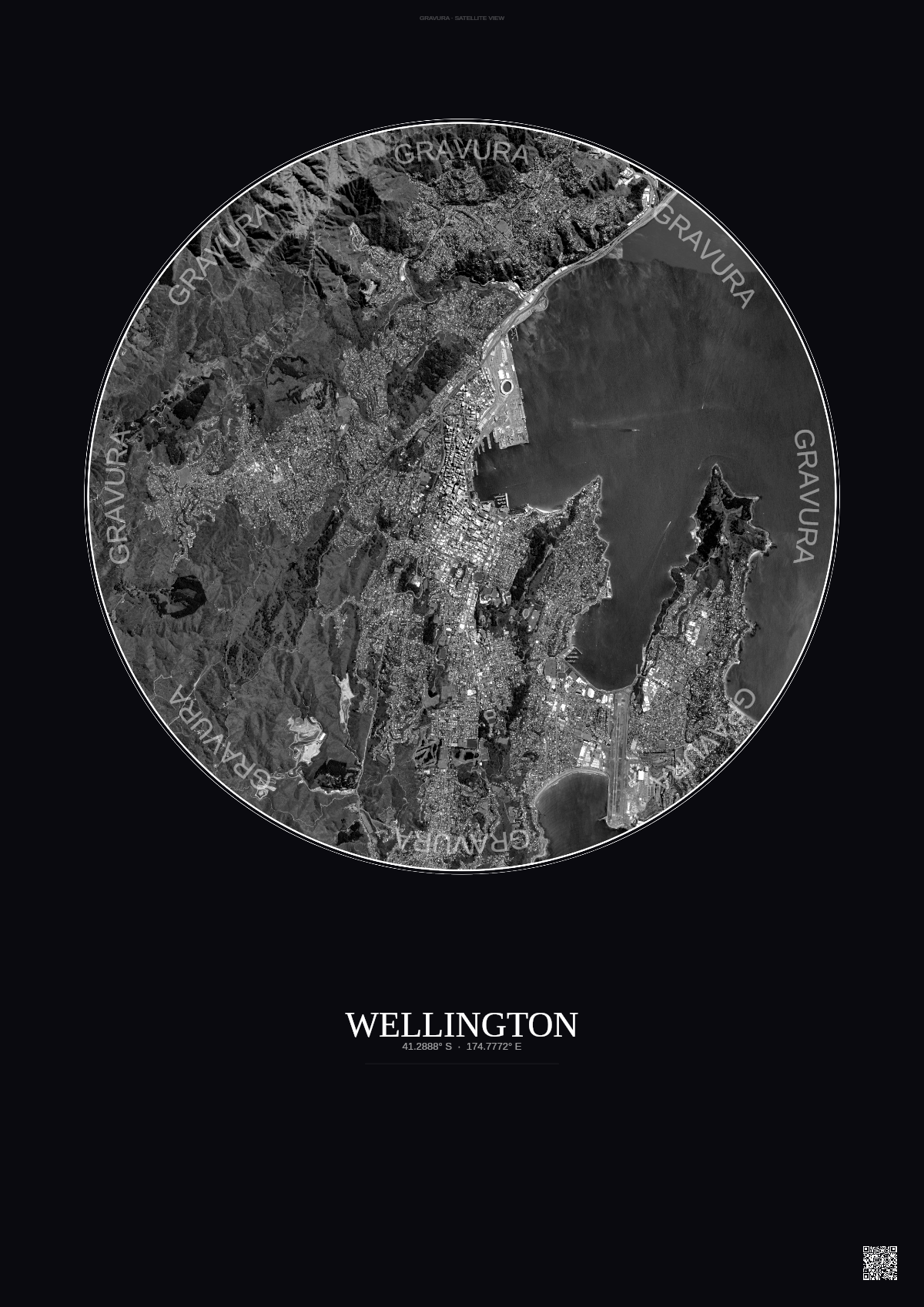 Affiche Wellington – Poster vue satellite | Gravura – Fond foncé