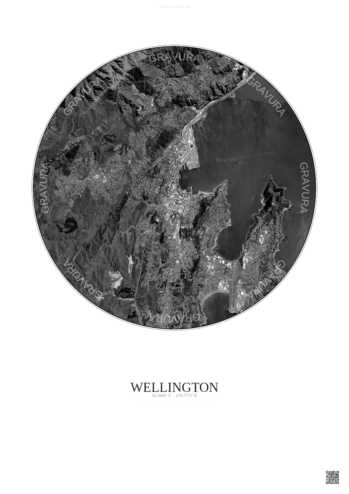 Affiche Wellington – Poster vue satellite | Gravura – Fond clair