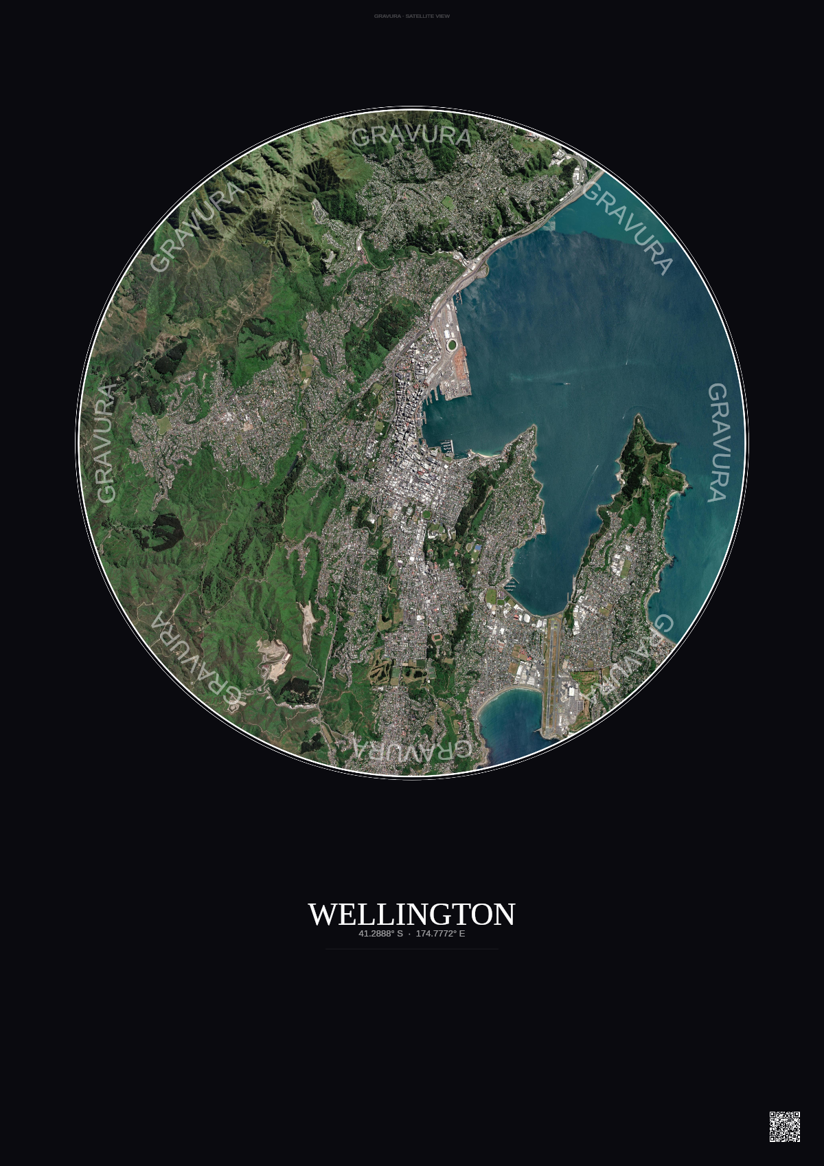 Affiche Wellington – Poster vue satellite | Gravura – Fond foncé