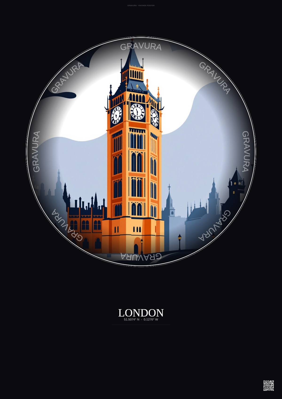 Affiche London – Poster illustration vintage – Big Ben | Gravura – Fond foncé