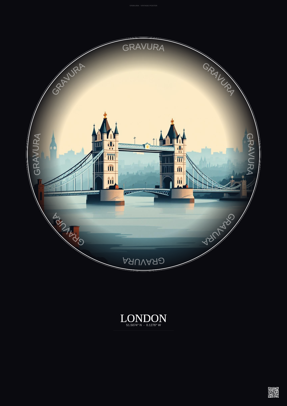 Affiche London – Poster illustration vintage – Tower Bridge | Gravura – Fond foncé