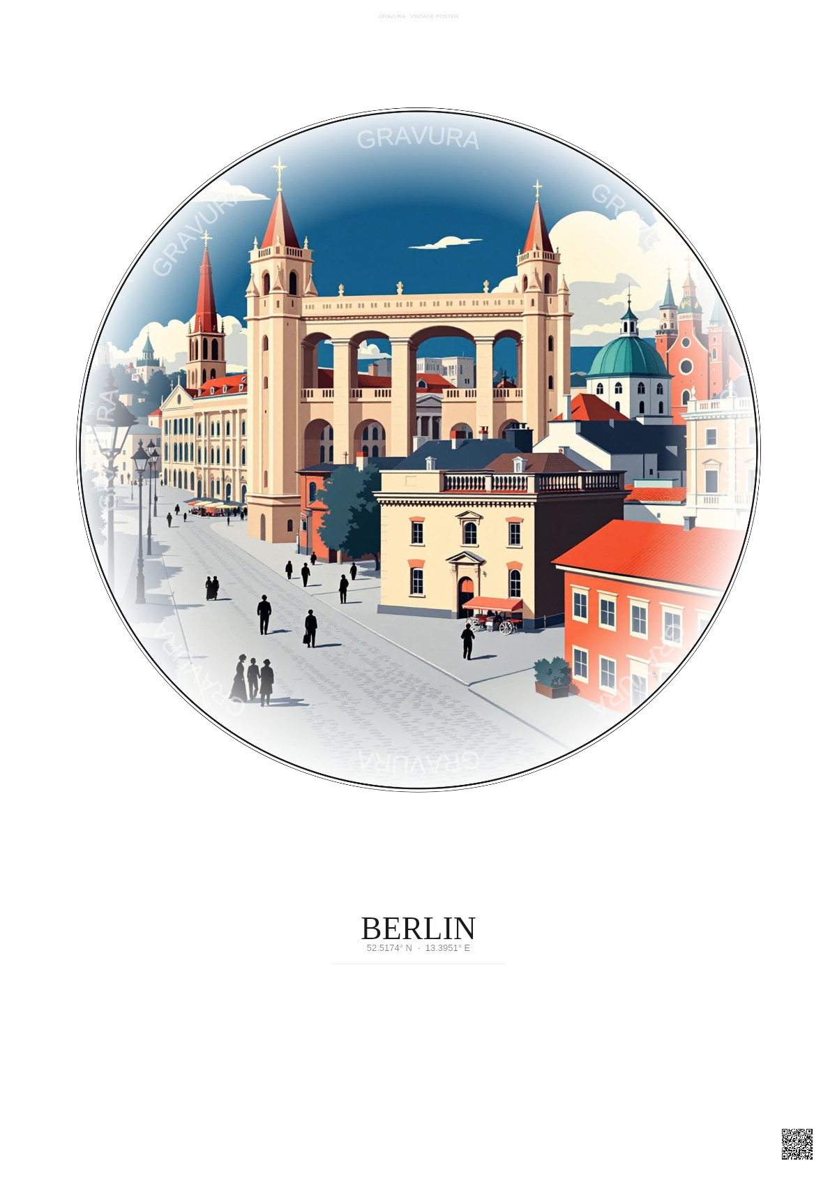Affiche Berlin – Poster illustration vintage – Historic Old Town Of Berlin | Gravura – Fond clair