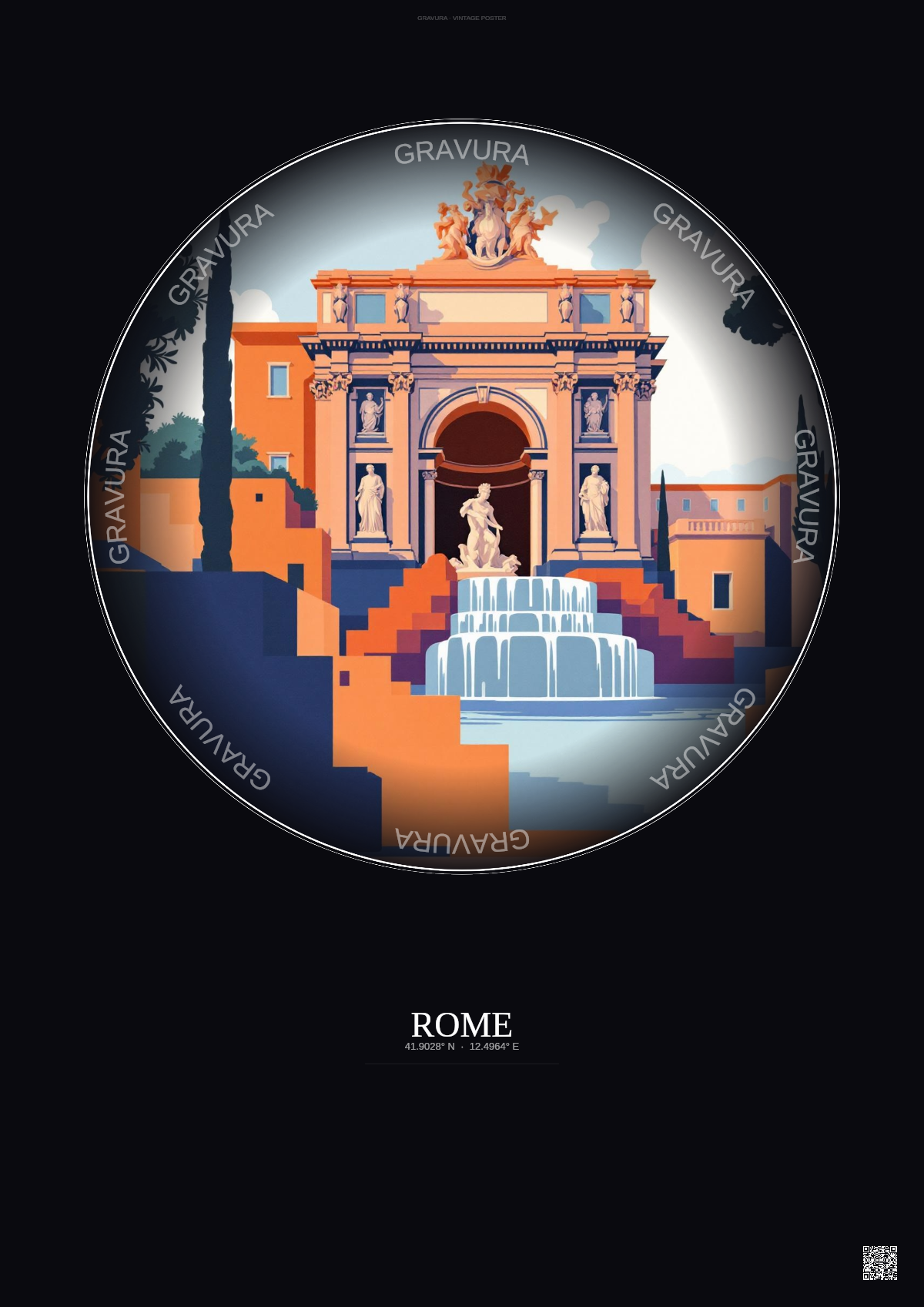 Affiche Rome – Poster illustration vintage – Trevi Fountain | Gravura – Fond foncé