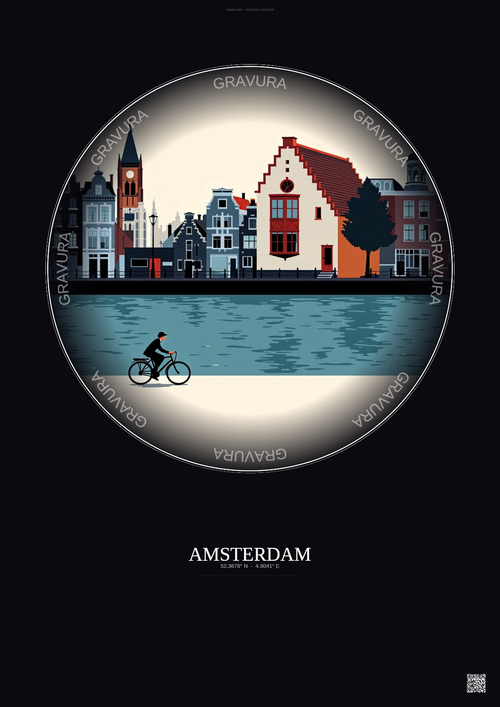 Affiche Amsterdam – Poster illustration vintage – Anne Frank House | Gravura – Fond foncé