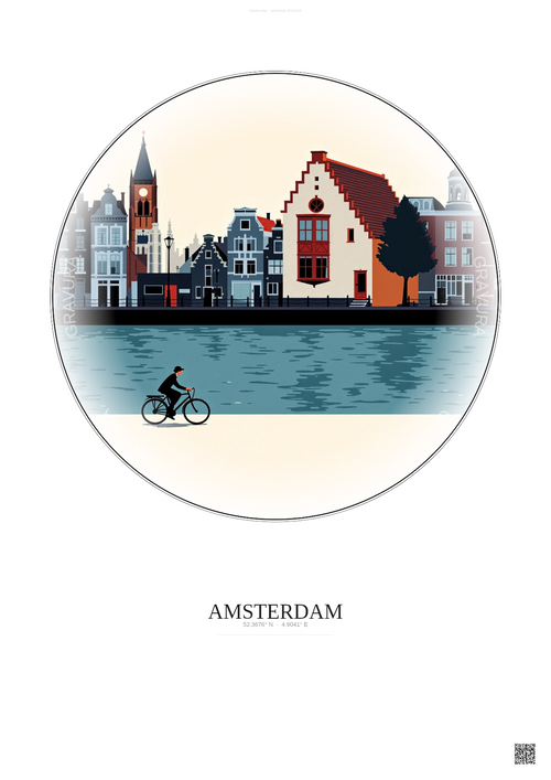 Affiche Amsterdam – Poster illustration vintage – Anne Frank House | Gravura – Fond clair