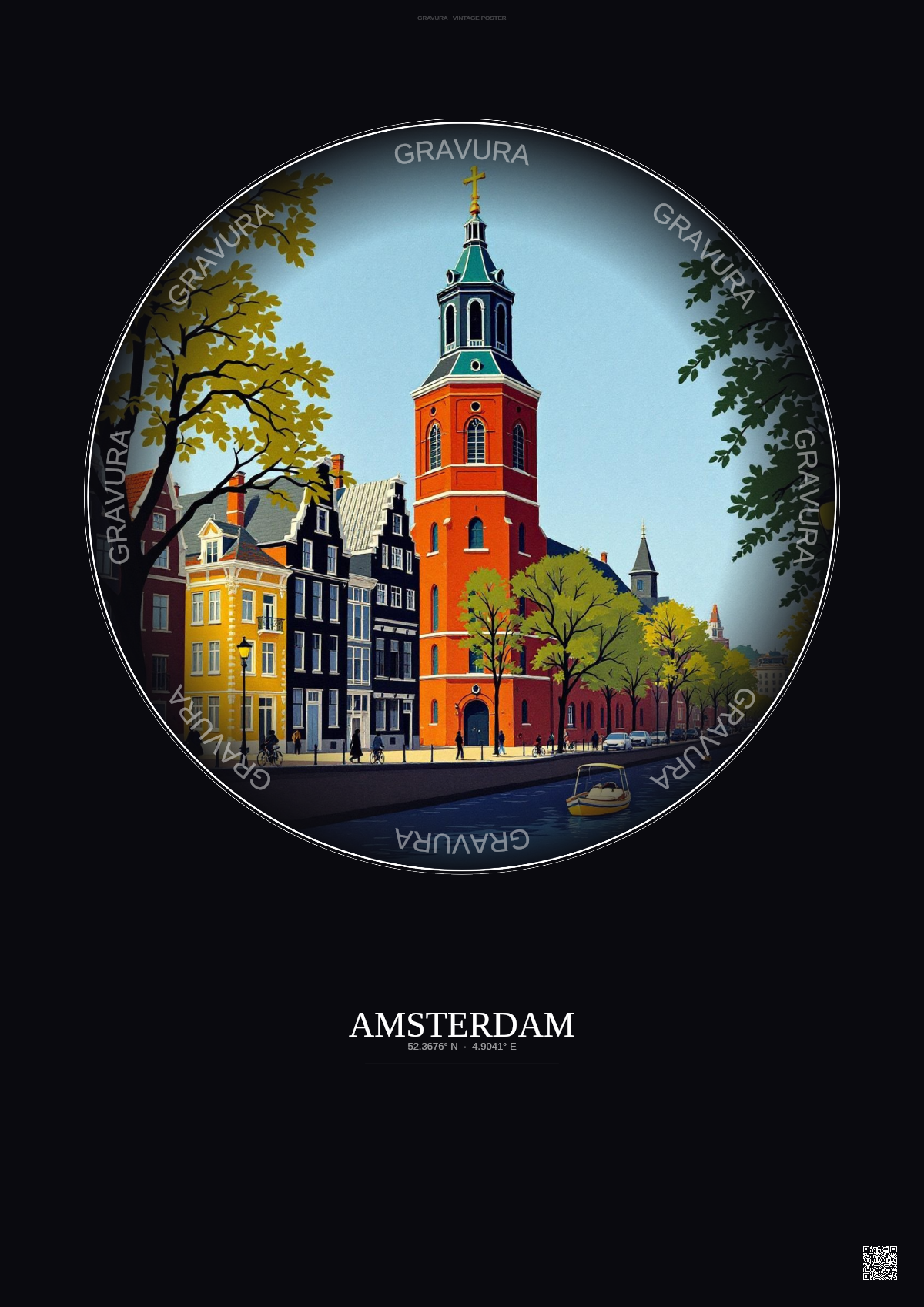 Affiche Amsterdam – Poster illustration vintage – Westerkerk | Gravura – Fond foncé