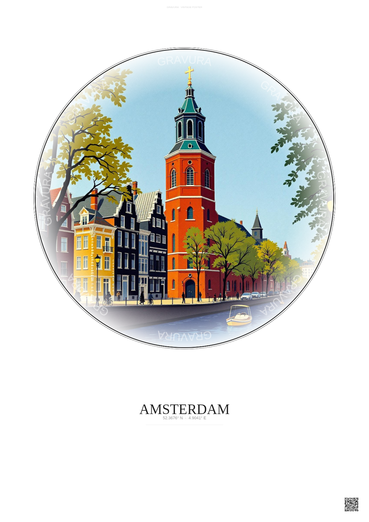 Affiche Amsterdam – Poster illustration vintage – Westerkerk | Gravura – Fond clair