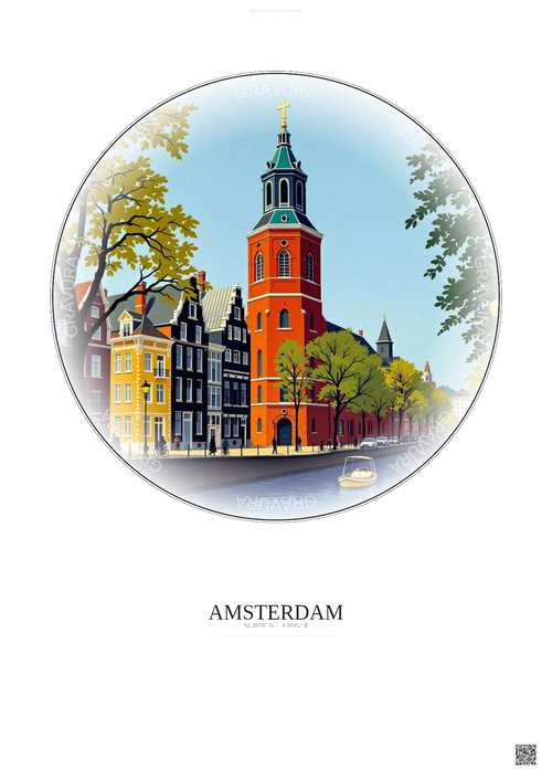 Affiche Amsterdam – Poster illustration vintage – Westerkerk | Gravura – Fond clair