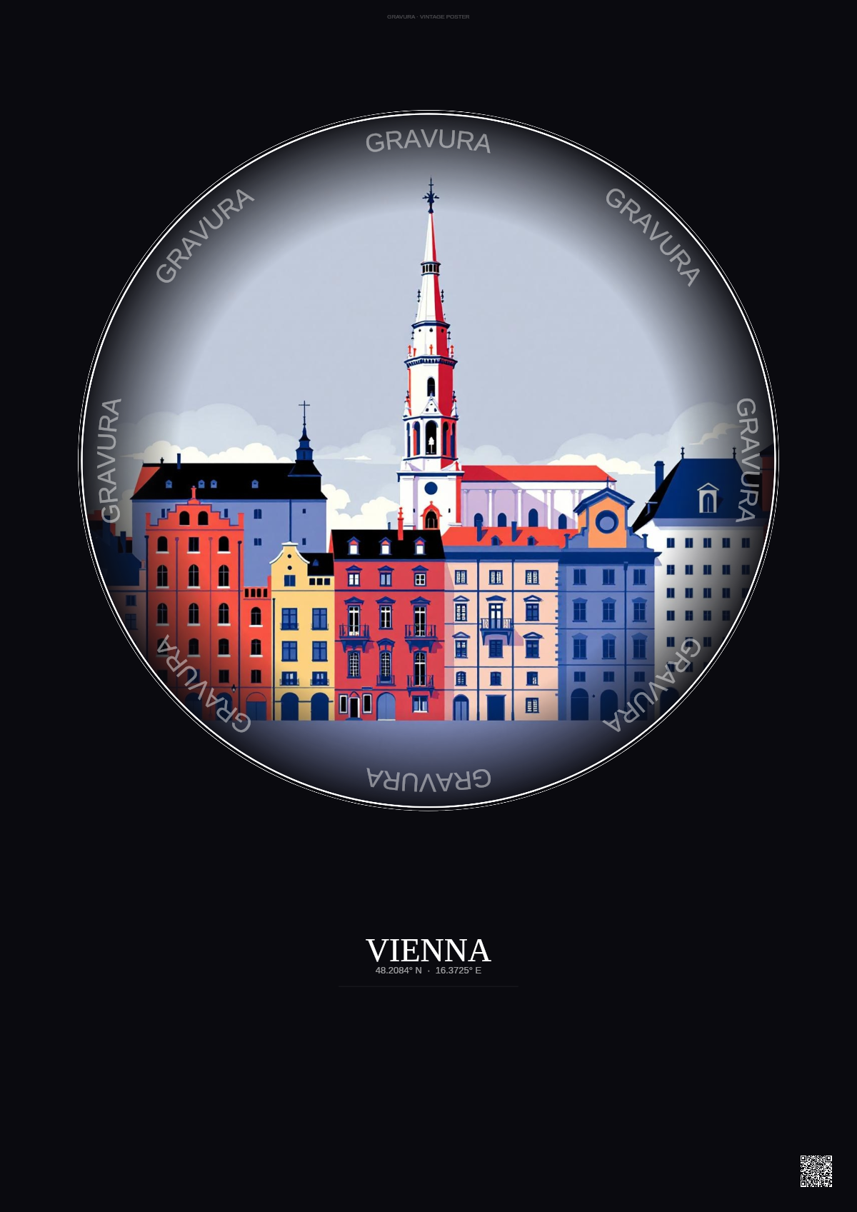 Affiche Vienna – Poster illustration vintage – Historic Old Town Of Vienna | Gravura – Fond foncé