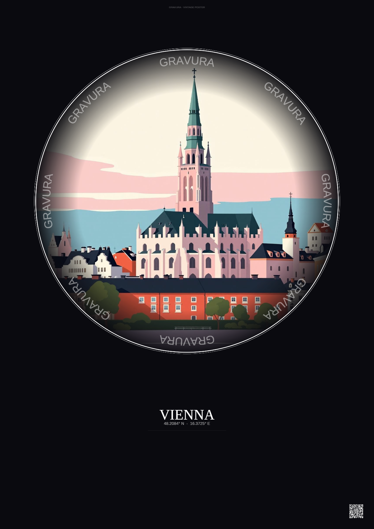 Affiche Vienna – Poster illustration vintage – Most Iconic Landmark Of Vienna | Gravura – Fond foncé