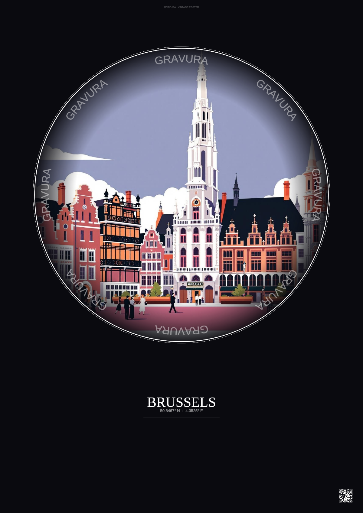 Affiche Brussels – Poster illustration vintage – Grand Place | Gravura – Fond foncé