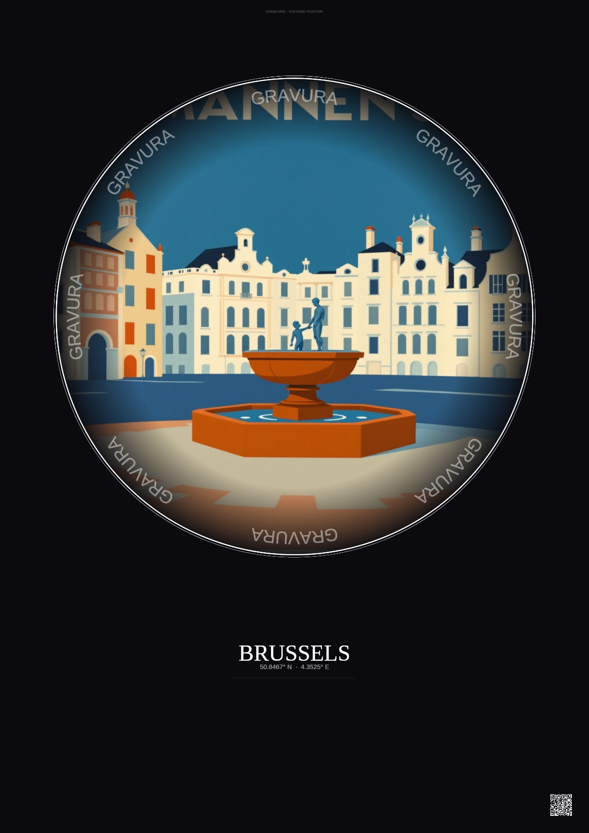Affiche Brussels – Poster illustration vintage – Manneken Pis | Gravura – Fond foncé