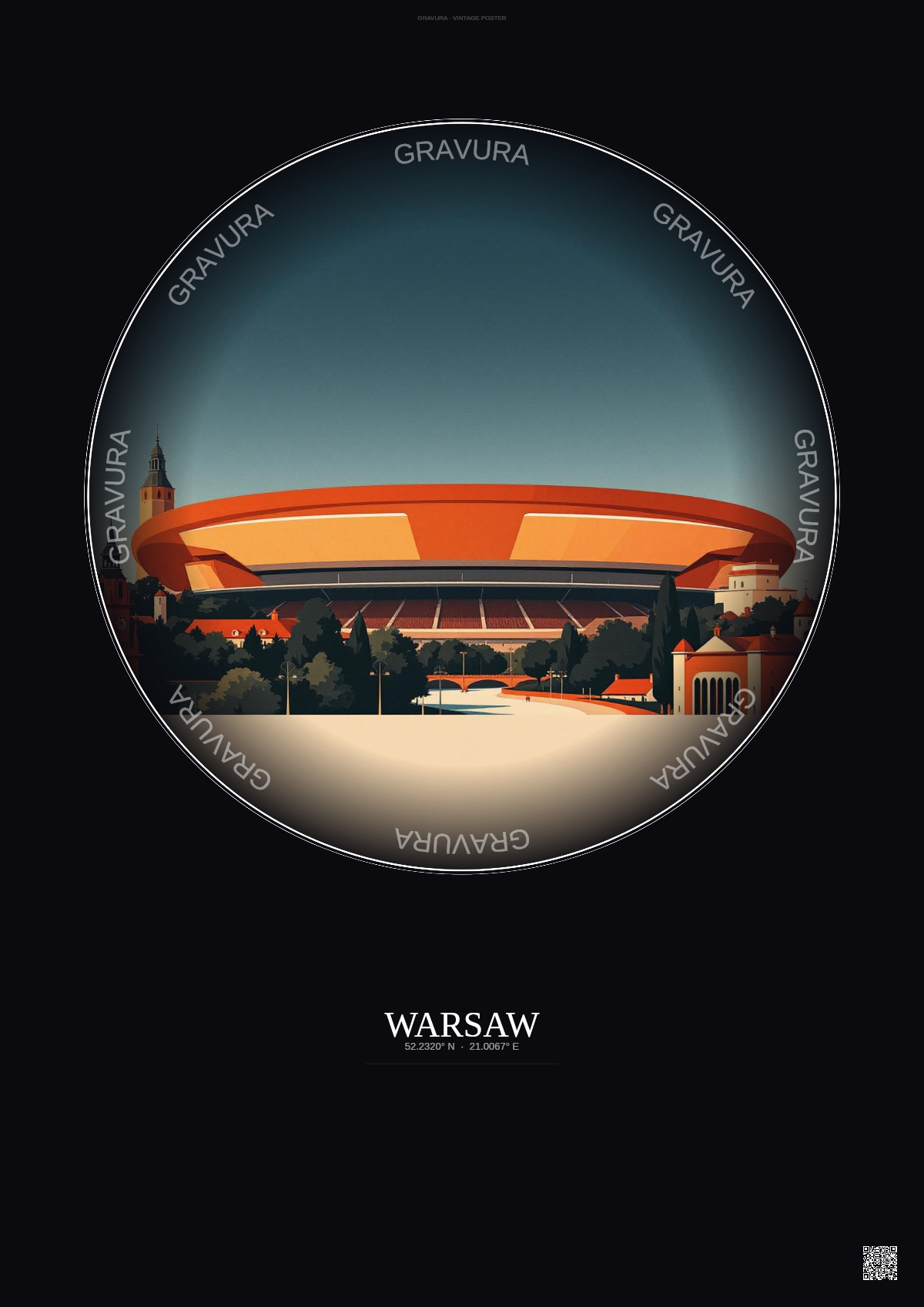 Affiche Warsaw – Poster illustration vintage – Kazimierz Gorski National Stadium | Gravura – Fond foncé
