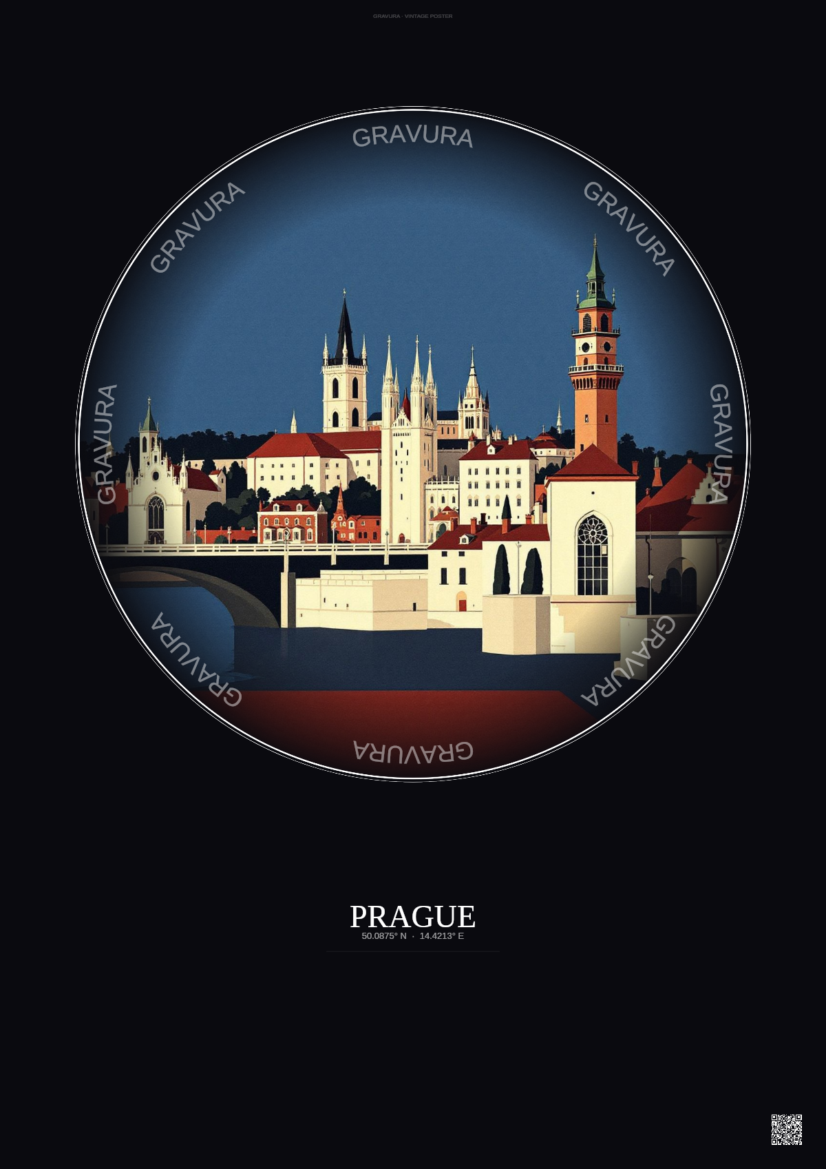 Affiche Prague – Poster illustration vintage – Famous Viewpoint Of Prague | Gravura – Fond foncé