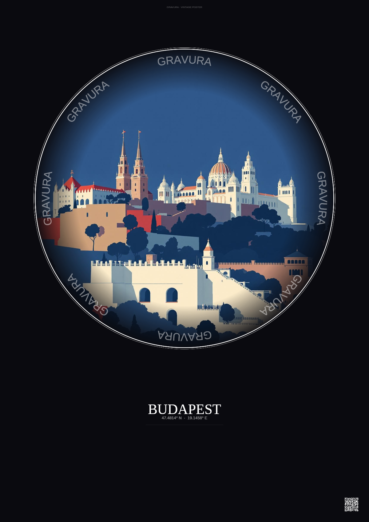 Affiche Budapest – Poster illustration vintage – Buda Castle | Gravura – Fond foncé