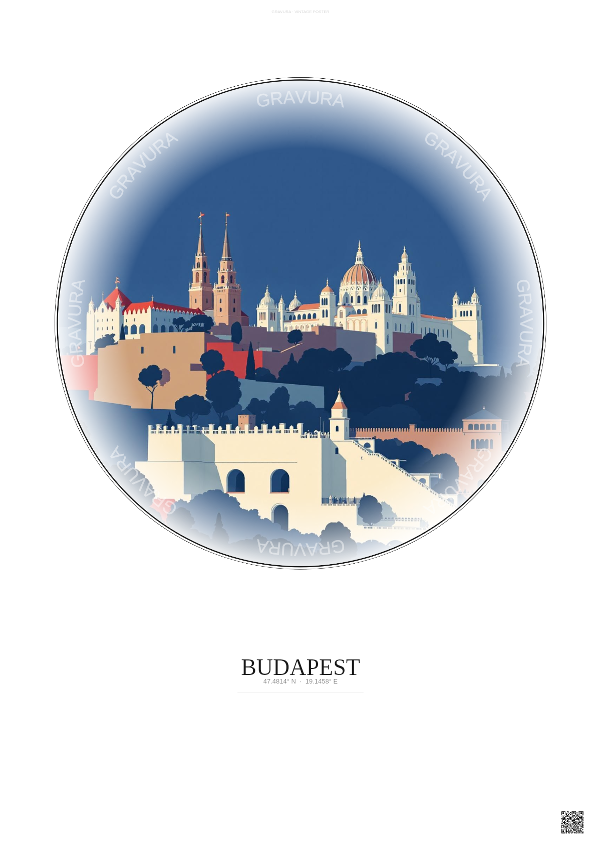 Affiche Budapest – Poster illustration vintage – Buda Castle | Gravura – Fond clair