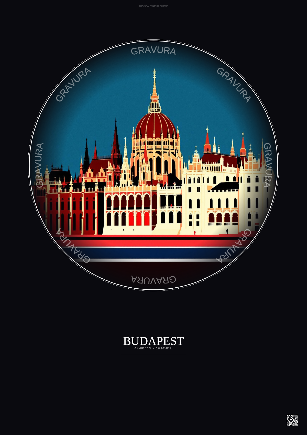 Affiche Budapest – Poster illustration vintage – Hungarian Parliament Building | Gravura – Fond foncé