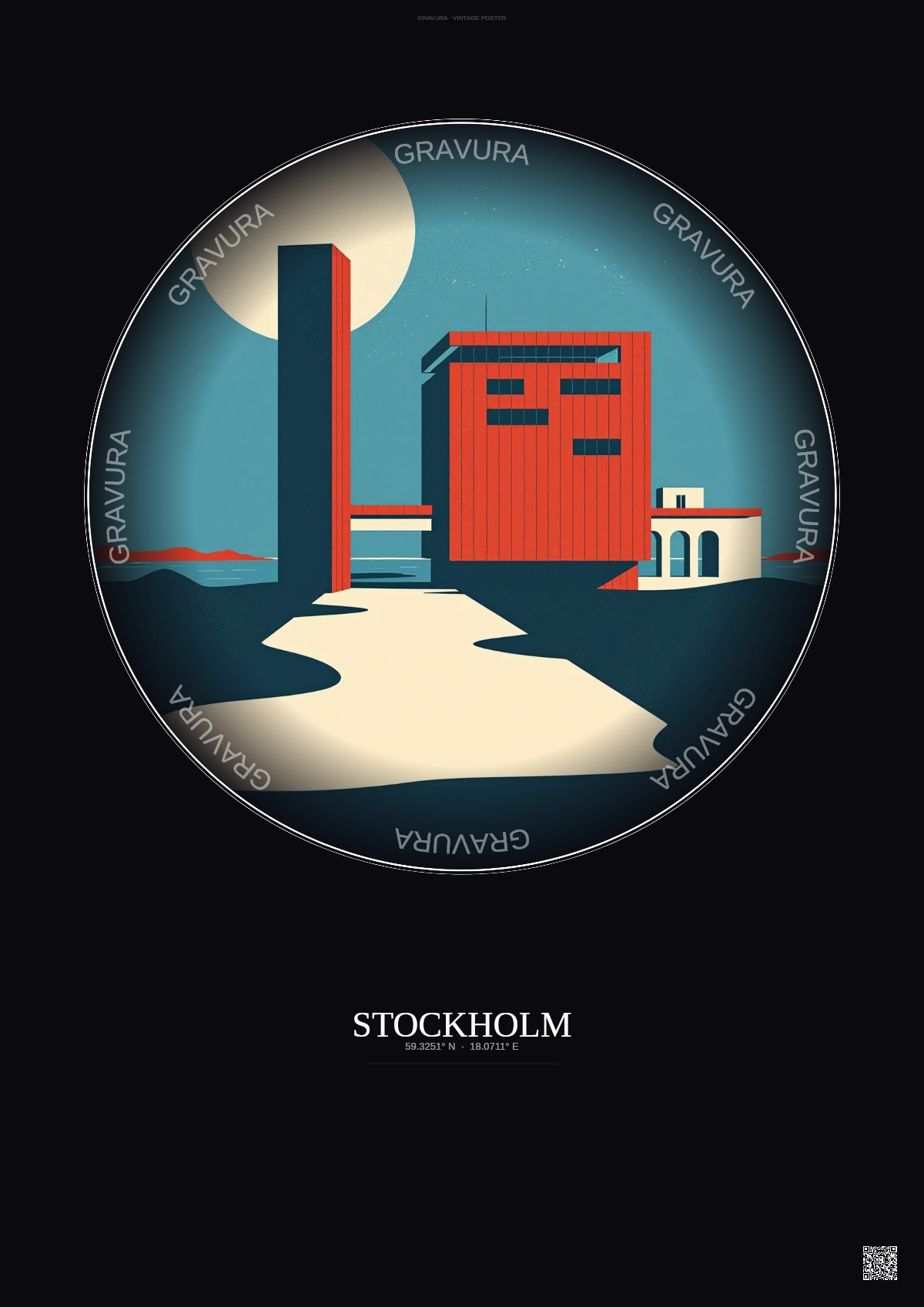 Affiche Stockholm – Poster illustration vintage – Swedish Film Institute | Gravura – Fond foncé