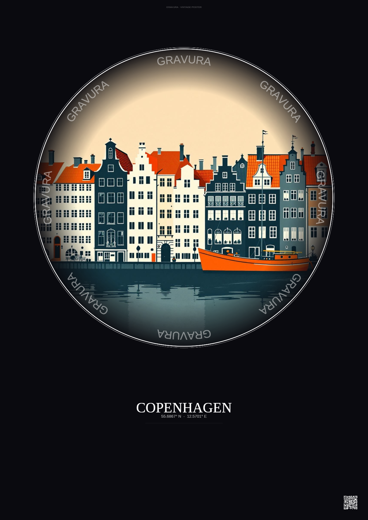 Affiche Copenhagen – Poster illustration vintage – Famous Viewpoint Of Copenhagen | Gravura – Fond foncé