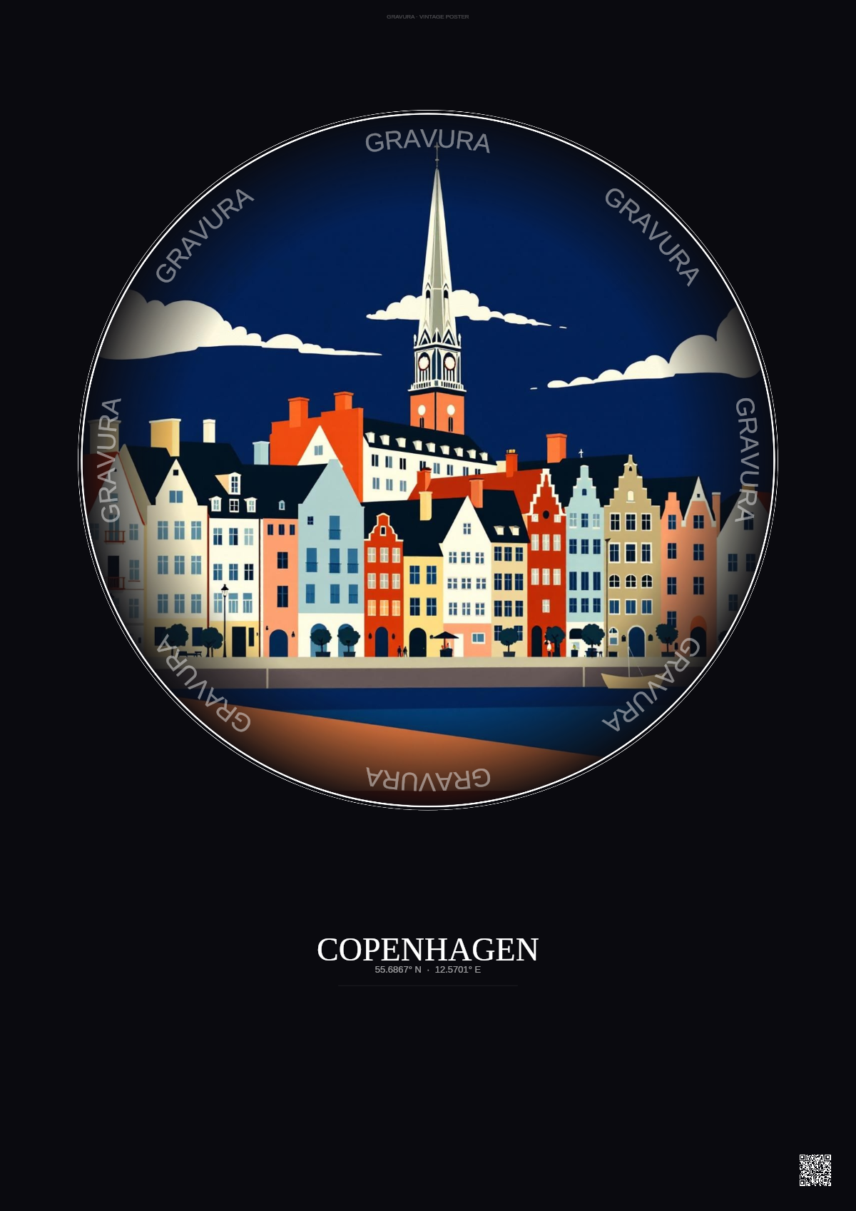 Affiche Copenhagen – Poster illustration vintage – Historic Old Town Of Copenhagen | Gravura – Fond foncé