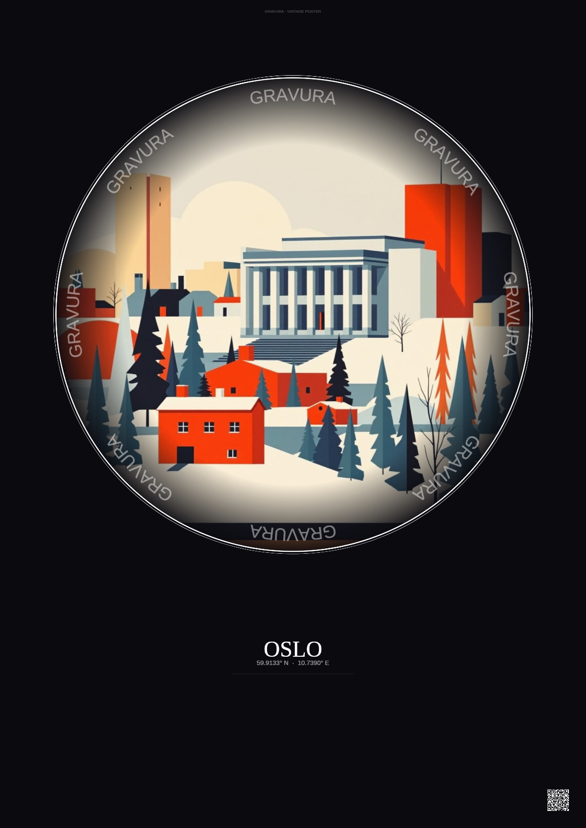 Affiche Oslo – Poster illustration vintage – National Museum Of Art Architecture And Design | Gravura – Fond foncé