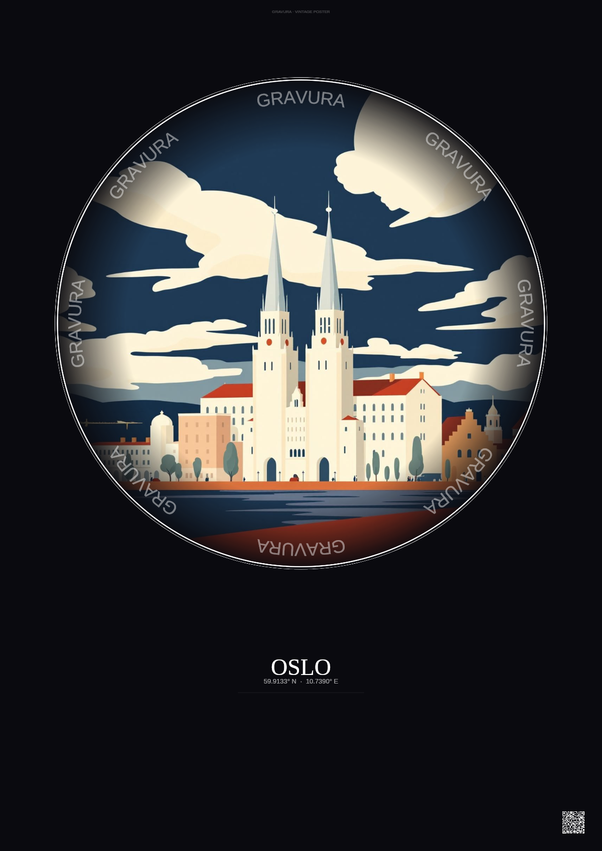 Affiche Oslo – Poster illustration vintage – Oslo | Gravura – Fond foncé