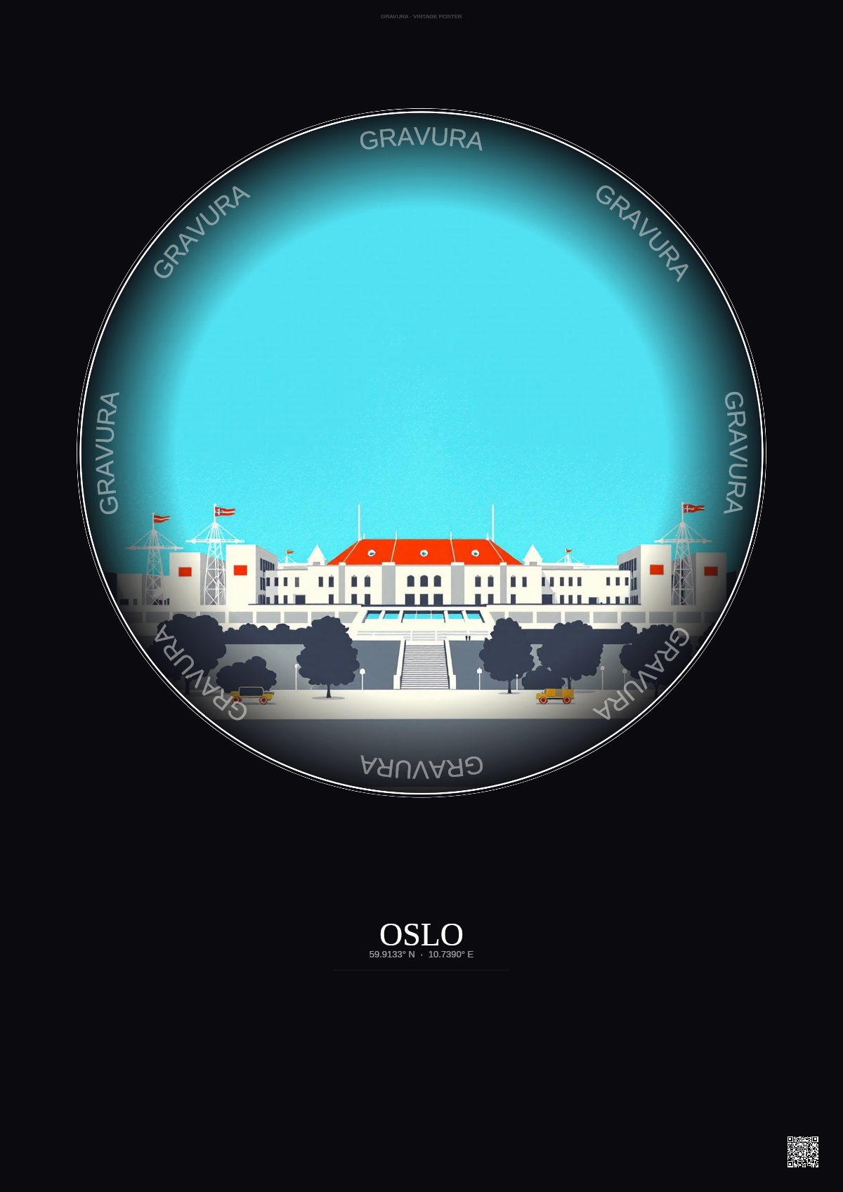 Affiche Oslo – Poster illustration vintage – Ullevaal Stadion | Gravura – Fond foncé