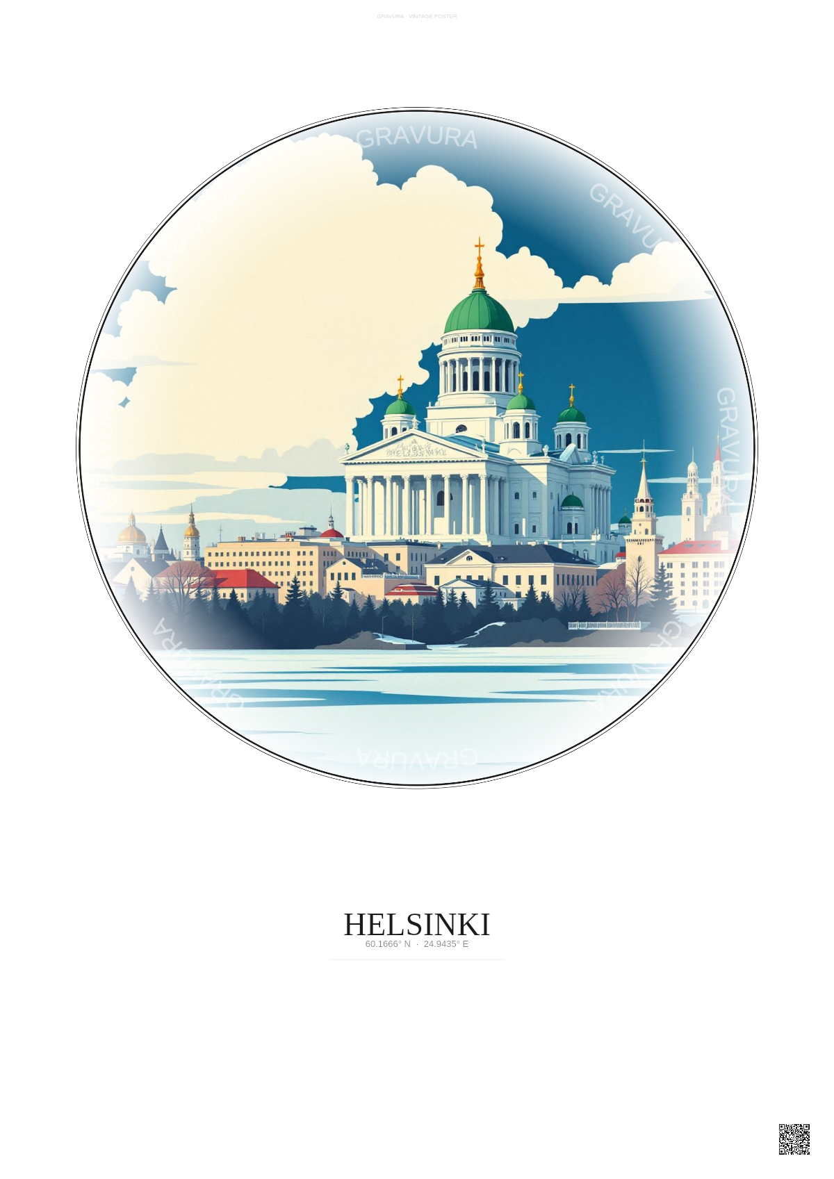 Affiche Helsinki – Poster illustration vintage – Helsinki Cathedral | Gravura – Fond clair