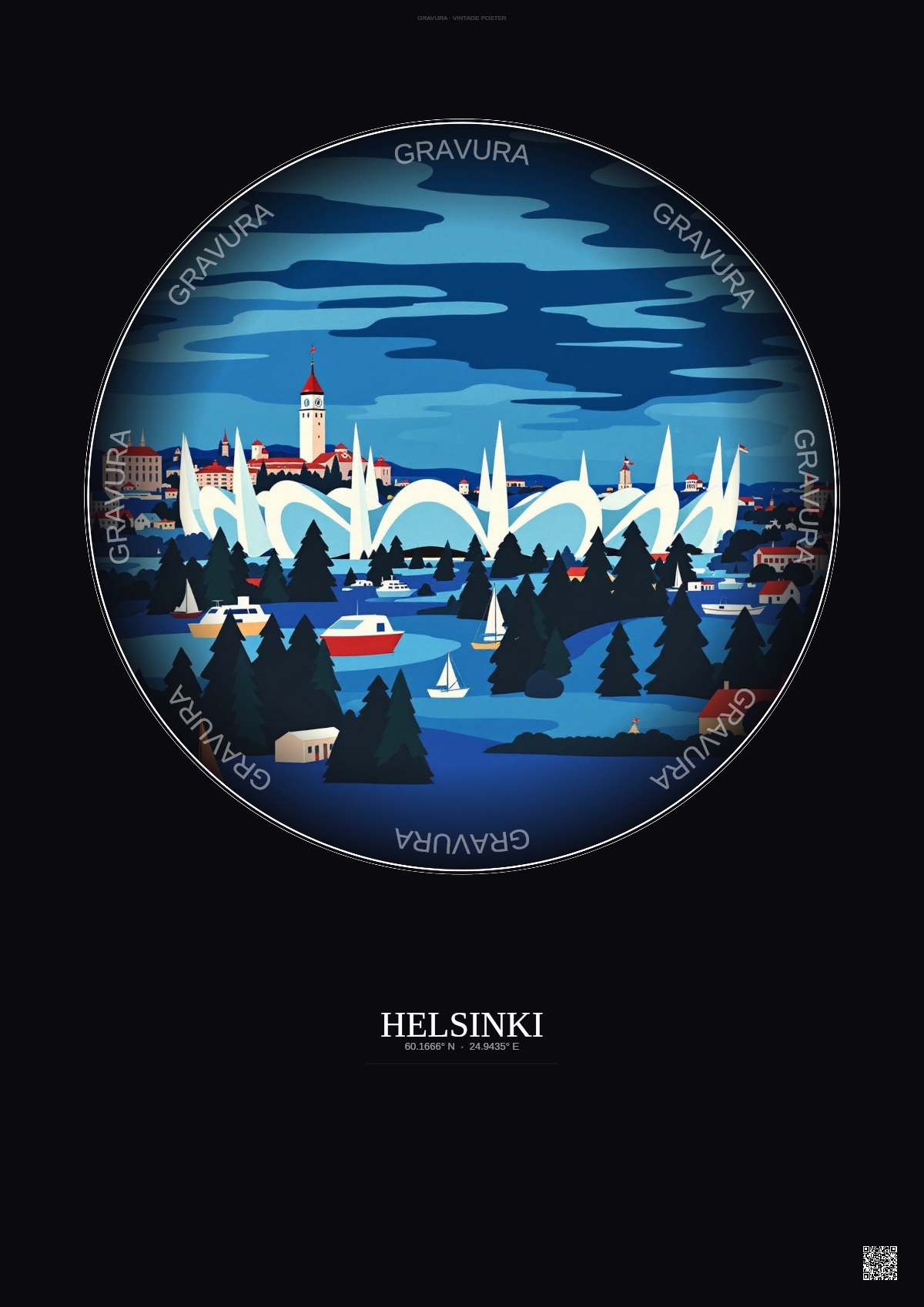 Affiche Helsinki – Poster illustration vintage – Helsinki Olympic Stadium | Gravura – Fond foncé