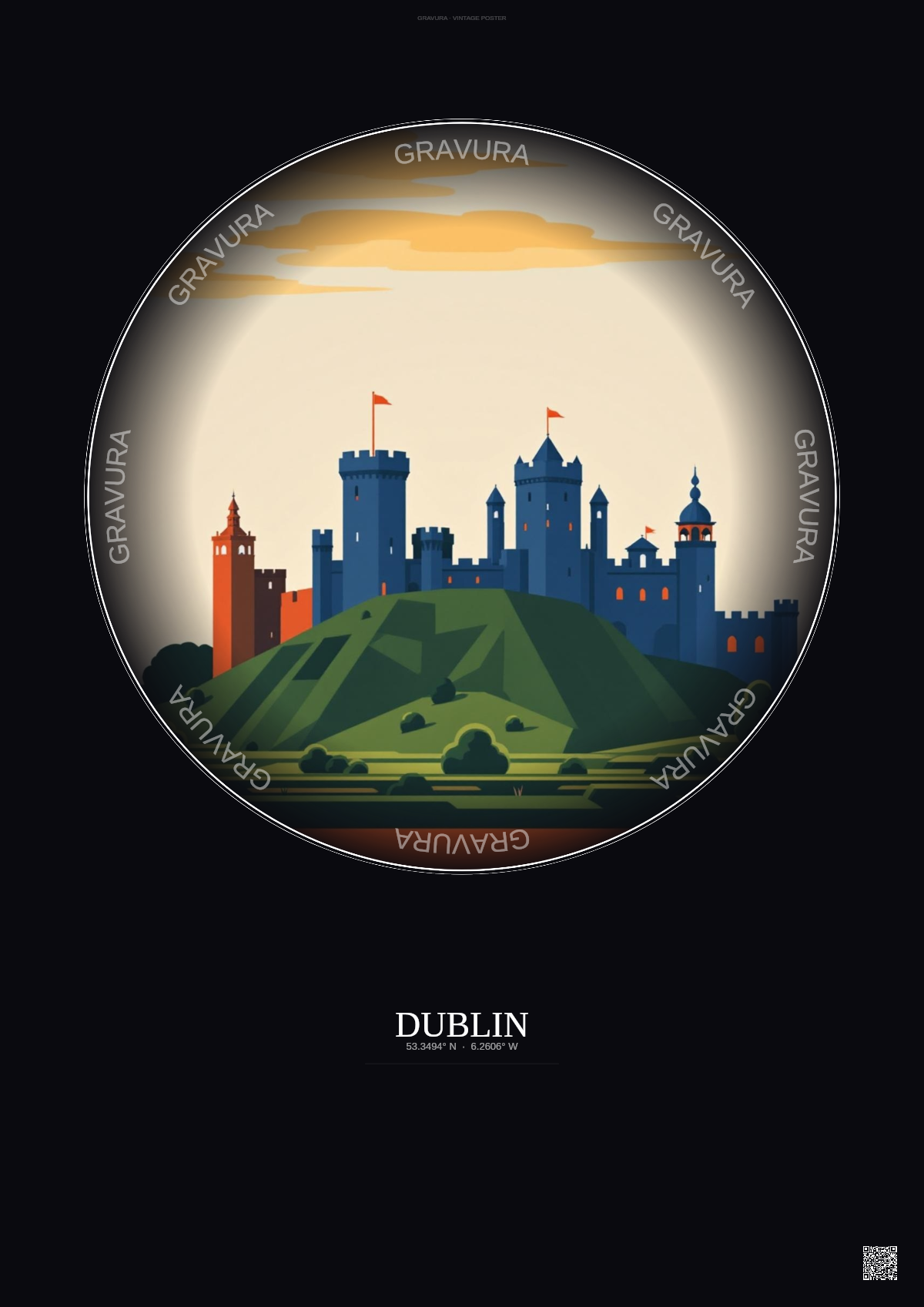Affiche Dublin – Poster illustration vintage – Dublin Castle | Gravura – Fond foncé