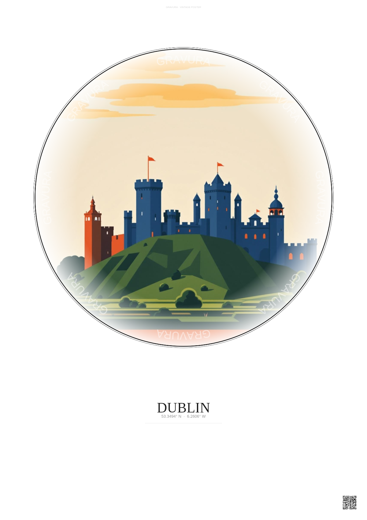Affiche Dublin – Poster illustration vintage – Dublin Castle | Gravura – Fond clair