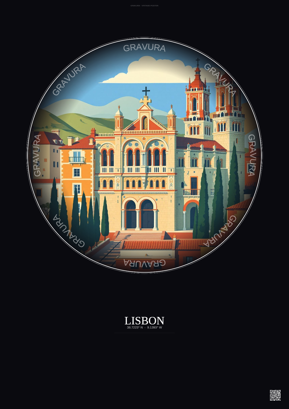 Affiche Lisbon – Poster illustration vintage – Jeronimos Monastery | Gravura – Fond foncé