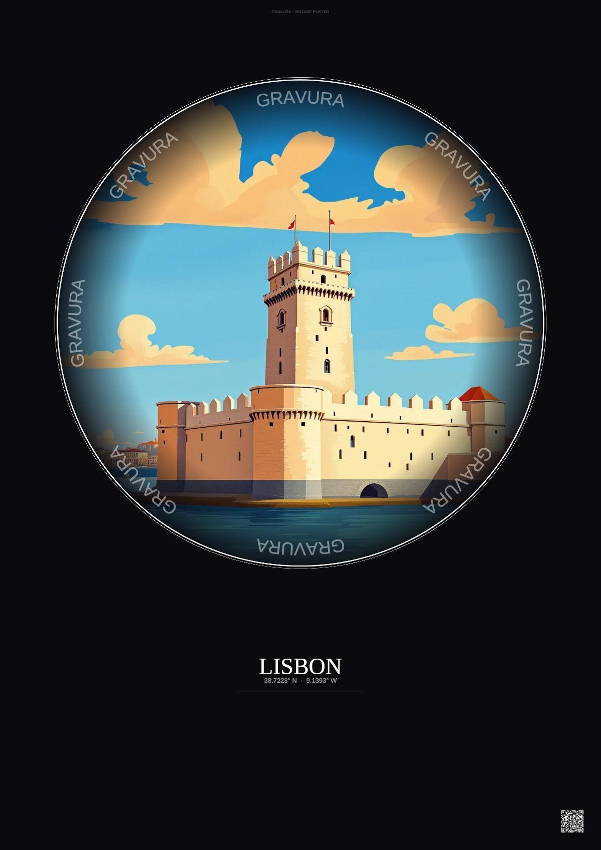 Affiche Lisbon – Poster illustration vintage – Torre De Belem | Gravura – Fond foncé