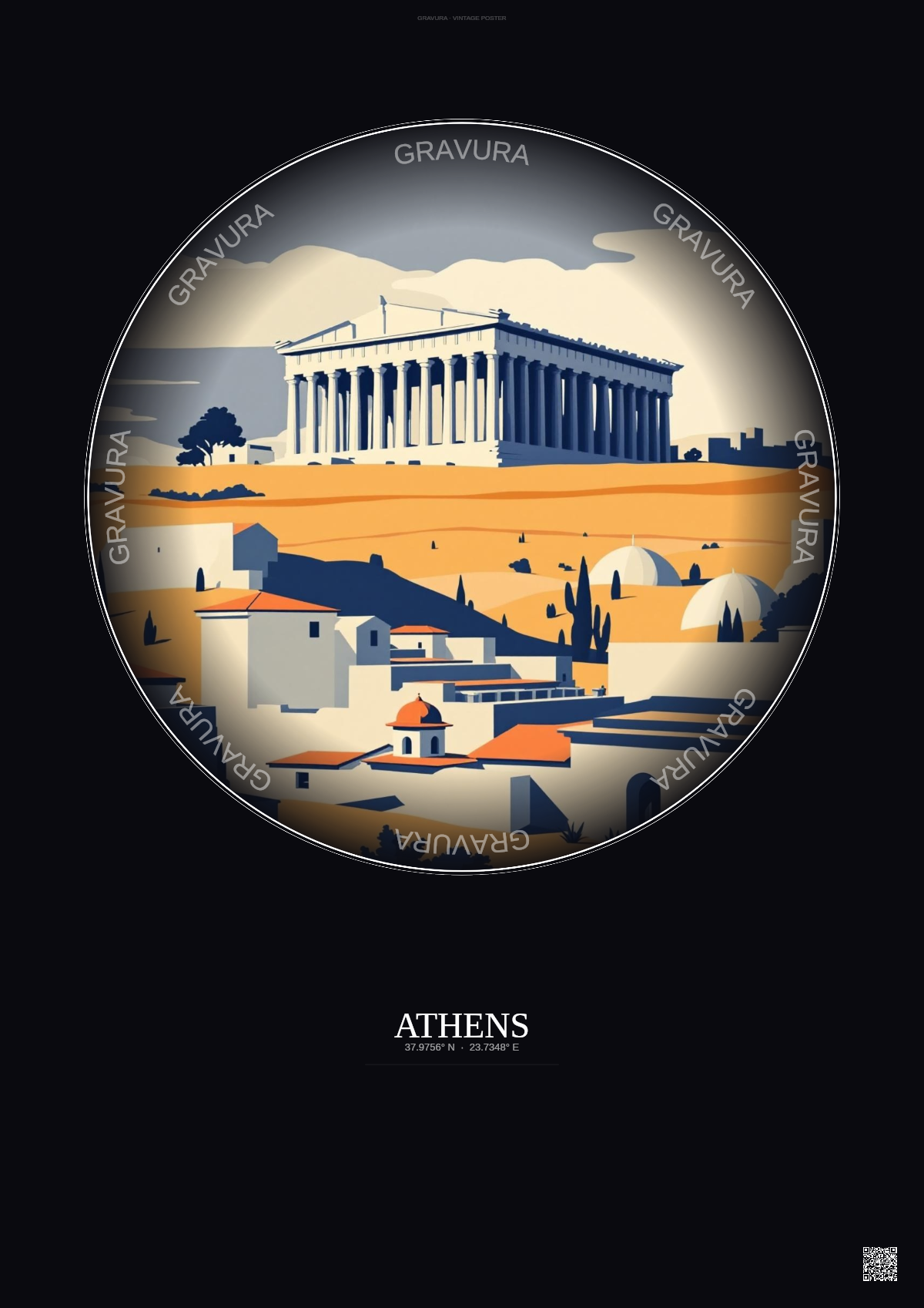 Affiche Athens – Poster illustration vintage – Athens | Gravura – Fond foncé