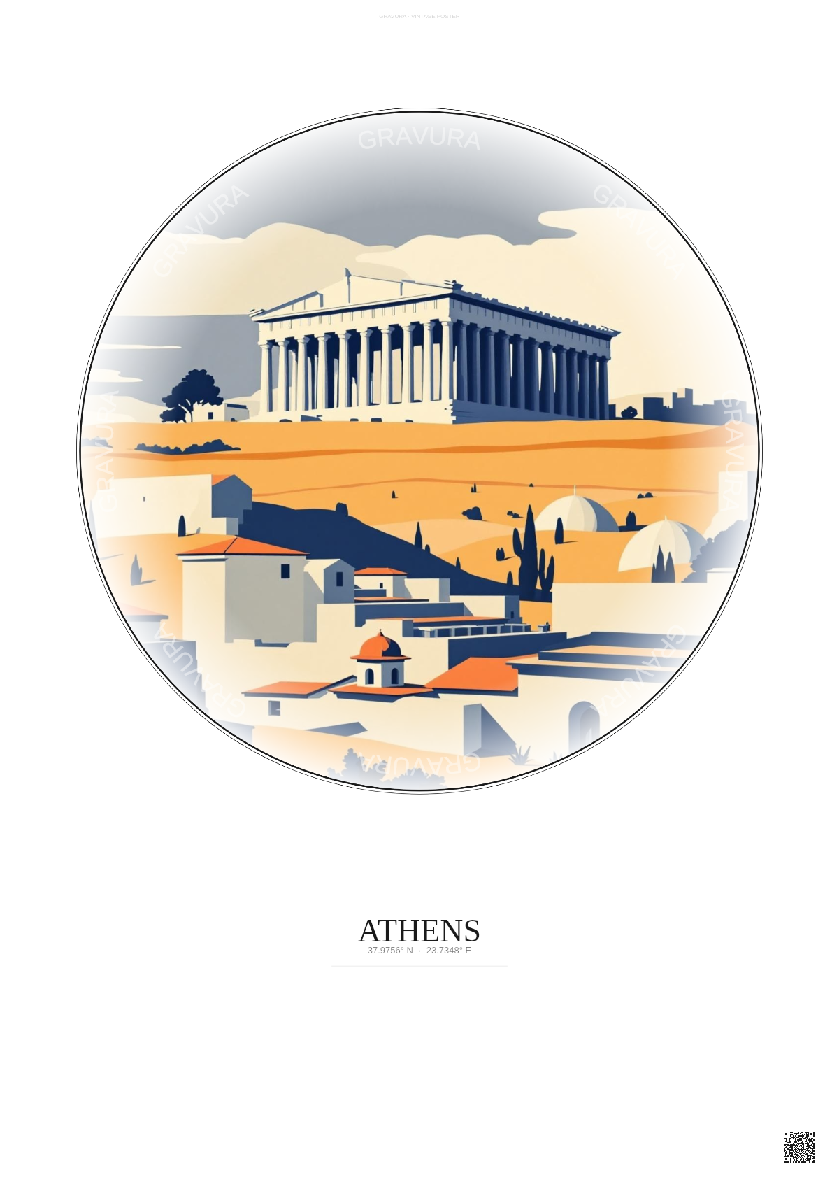 Affiche Athens – Poster illustration vintage – Athens | Gravura – Fond clair