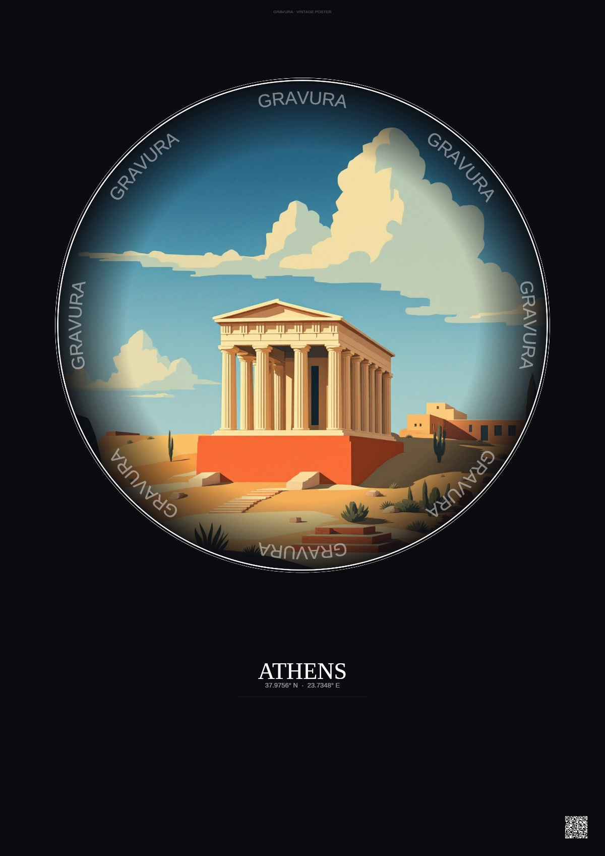 Affiche Athens – Poster illustration vintage – Hekatompedon Temple | Gravura – Fond foncé