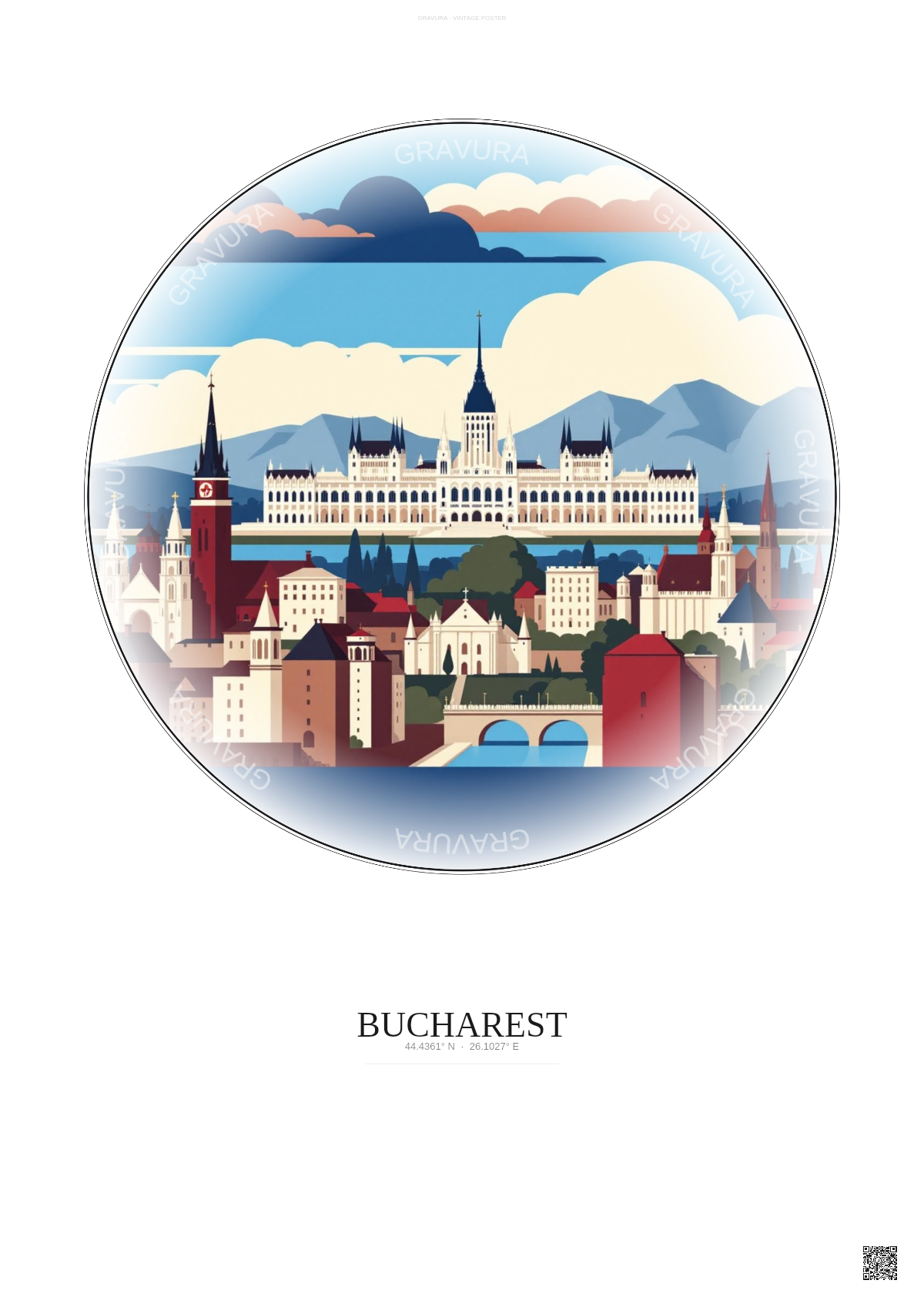Affiche Bucharest – Poster illustration vintage – Bucharest | Gravura – Fond clair