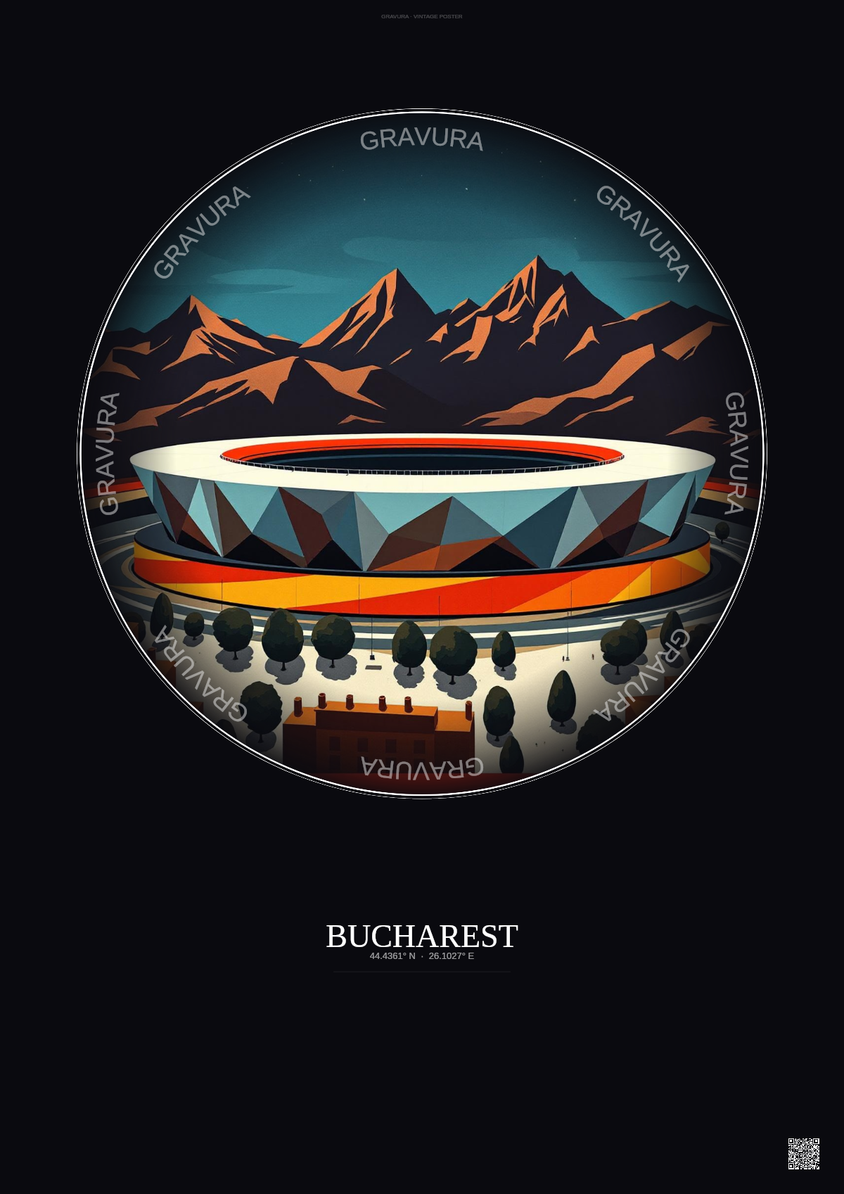 Affiche Bucharest – Poster illustration vintage – National Arena | Gravura – Fond foncé